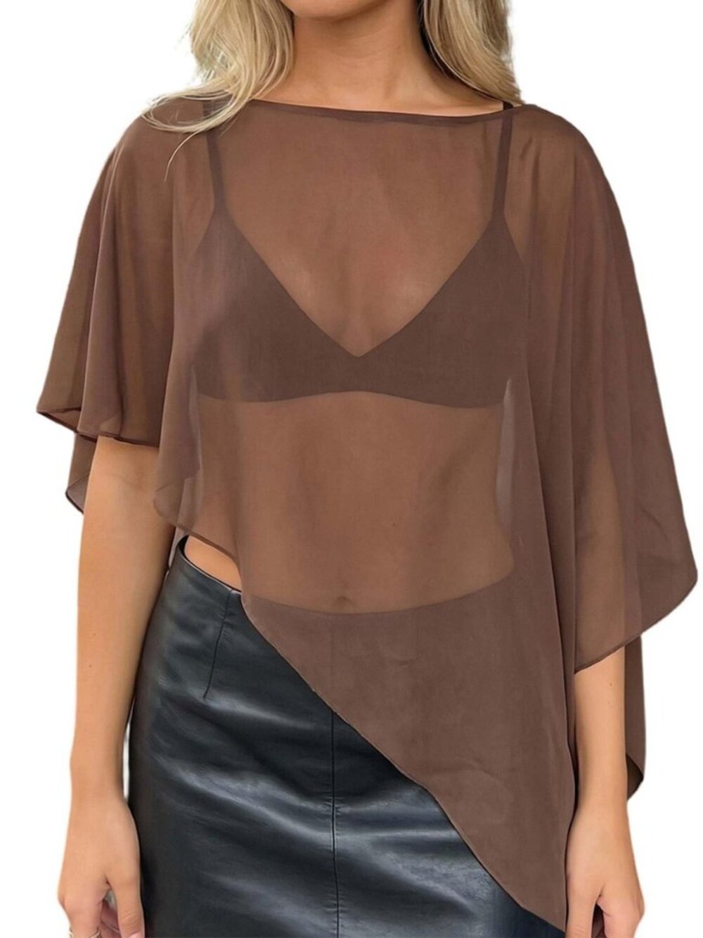 Women's Casual Sheer Chiffon Poncho Top Boat Neck Asymmetrical See Through Cover